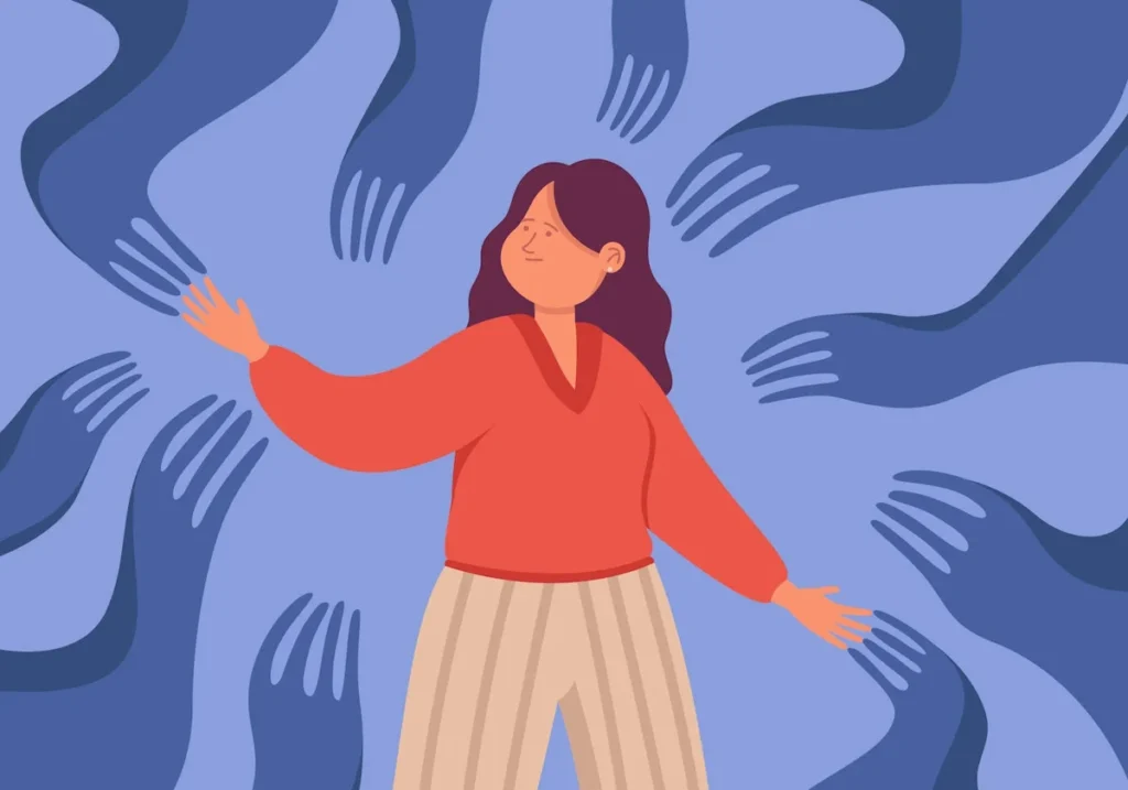 Imagen dibujada de chica asustada por estar rodeada de mano demostrando ansiedad en Salamanca